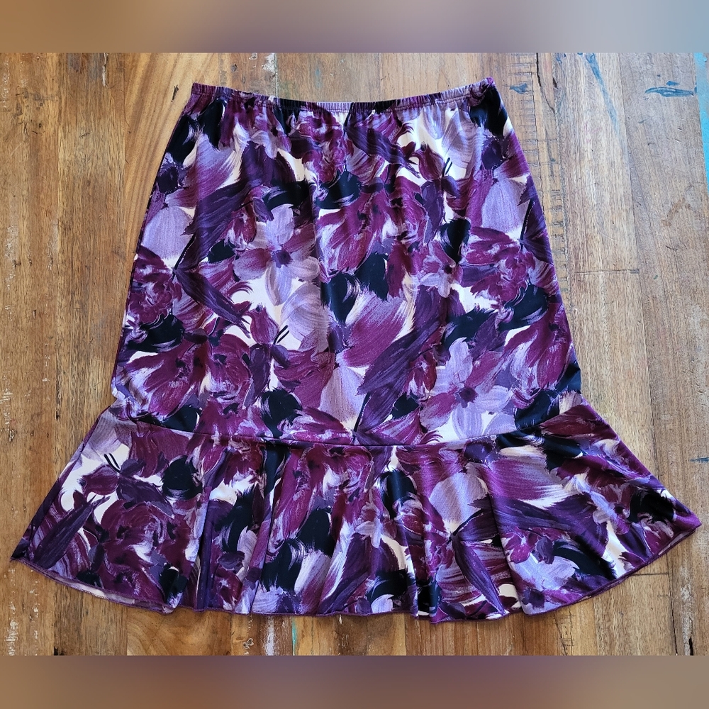 Vintage 90s Womens Large Purple Black Floral Midi Knee Length Skirt Boho Cottage
